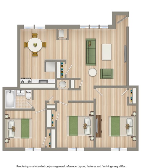 Floor plan for 3 beds, 1 bath, 950 sqft